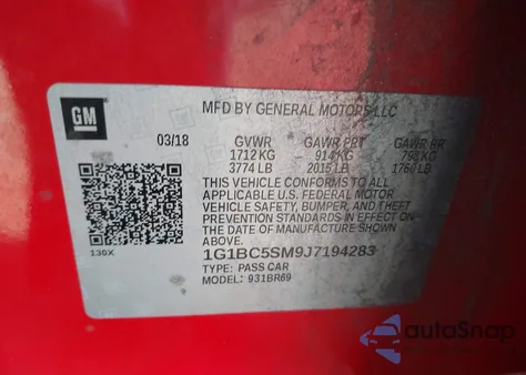 2018 Chevrolet Cruze Ls Auto z USA, uszkodzony, nr VIN 1G1BC5SM9J7194283